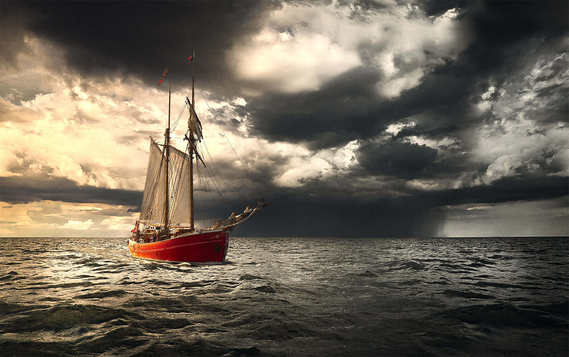 "Storm is Coming" seascape photography of a Red ship near a storm